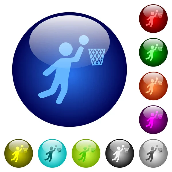 複数の色のラウンドガラスボタン上のバスケットボール選手のアイコン 配置された層構造 — ストックベクタ