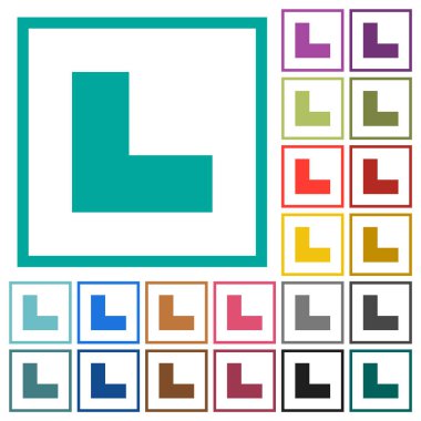 Alt sol açı ok düz düz renk simgeleri beyaz arkaplanda çeyrek çerçeve ile