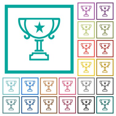 Beyaz arkaplanda çeyrek çerçeve içeren yıldız dış hatlı düz renk simgelerine sahip kupa