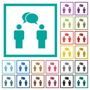 Two talking persons with oval bubbles solid flat color icons with quadrant frames on white background