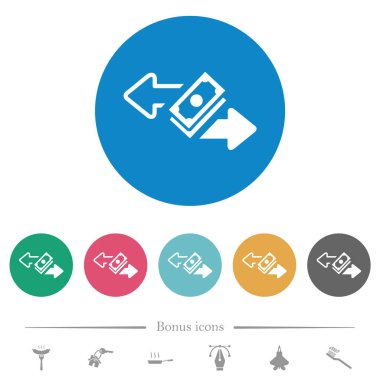 Para işlemleri yuvarlak renkli arka planda düz beyaz simgeler. 6 bonus simgesi dahil.