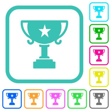 Beyaz zemin üzerinde kıvrımlı sınırlarda yıldız katı renkli düz simgelere sahip hatıra kupası