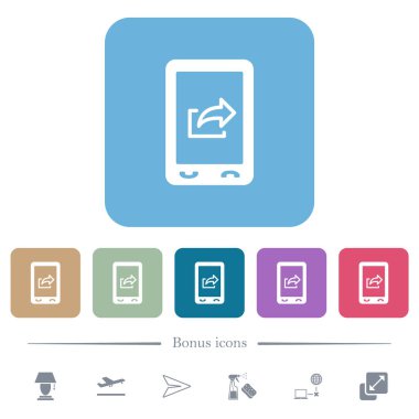 Renkli yuvarlak kare arkaplan üzerine taşınabilir veri aktarımı beyaz düz simgeler. 6 bonus simgesi dahil