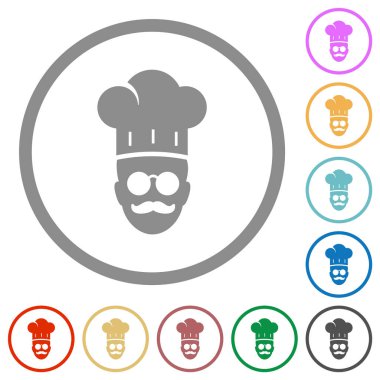 Gözlüklü ve bıyıklı usta şef. Beyaz arkaplanda yuvarlak çizgiler halinde düz renk simgeleri.