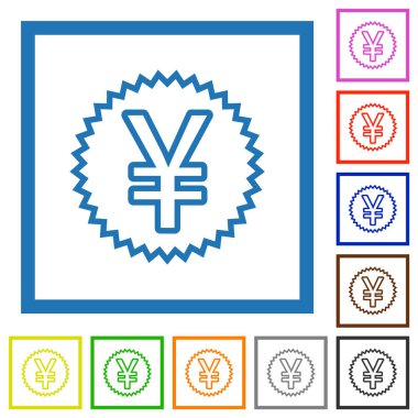 Japon Yen etiketi beyaz arkaplanda kare çerçevelerde düz renk simgeleri çizer