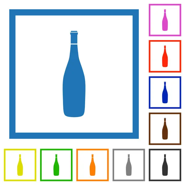 Flache Farbsymbole Für Weinflaschen Quadratischen Rahmen Auf Weißem Hintergrund — Stockvektor