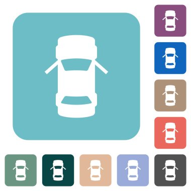 Arabanın ön kapıları açık. Renkli yuvarlak kare arka planlarda beyaz düz simgeler.