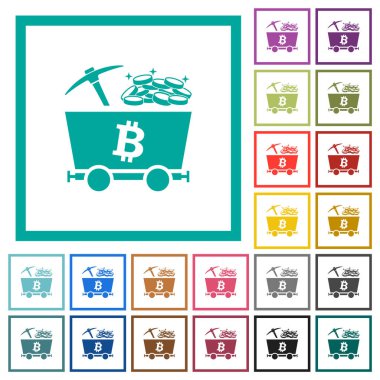 Bitcoin kripto para birimi madenciliği, beyaz arkaplanda çeyrek çerçeve içeren düz renkli hazine simgeleri