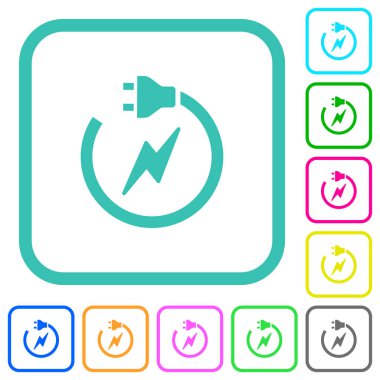 Beyaz arkaplanda kıvrımlı sınırlarda fiş ve kordon renkli düz simgelere sahip elektrik devresi