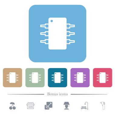 Renkli yuvarlak kare arkaplan üzerine entegre devre beyaz düz simgeler. 6 bonus simgesi dahil