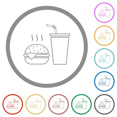 Çizburgerli fast food menüsü ve beyaz arkaplanda yuvarlak çizgili düz renk simgeleri.