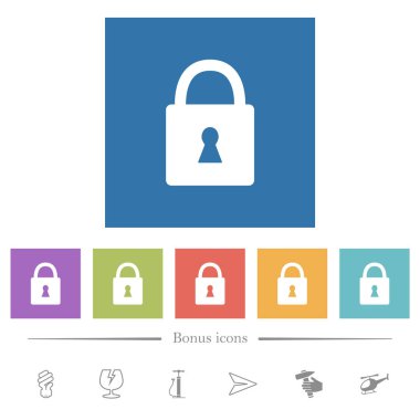 Kilitli asma kilit ve kare arkaplanda düz beyaz simgeler var. 6 bonus simgesi dahil.