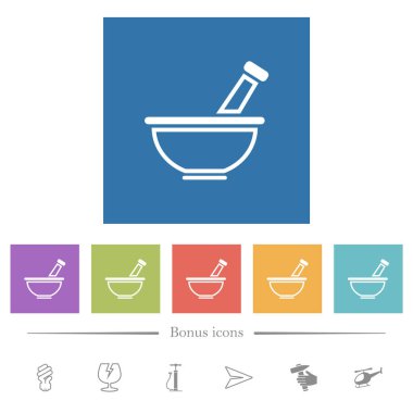 Havan ve tokmak ana hatları düz beyaz simgeler kare arkaplan. 6 bonus simgesi dahil.
