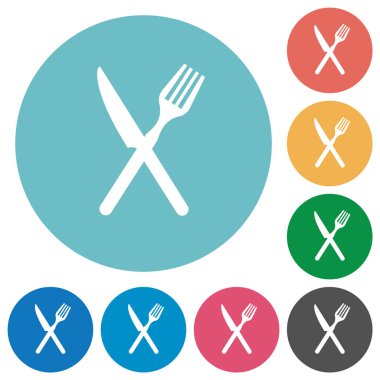 Fork and knife in crossed position flat white icons on round color backgrounds