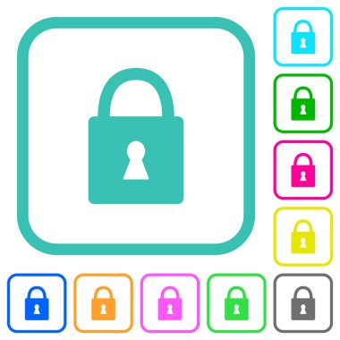 Beyaz arkaplanda eğimli sınırlarda anahtar deliğiyle kilitlenmiş katı renkli düz simgeler