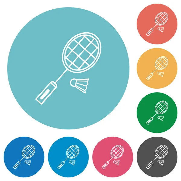 Badmintonschläger Und Federball Umreißen Flache Weiße Symbole Auf Runden Farbigen — Stockvektor