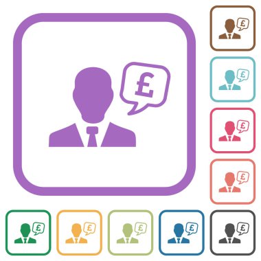 İngiliz Pound finansal danışmanı beyaz arkaplanda renkli yuvarlak kare çerçeveler basit simgeler