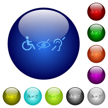 Disability symbols icons on round glass buttons in multiple colors. Arranged layer structure clipart