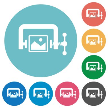 Yuvarlak renk arkaplanlarında resim sıkıştırma katı düz beyaz simgeleri