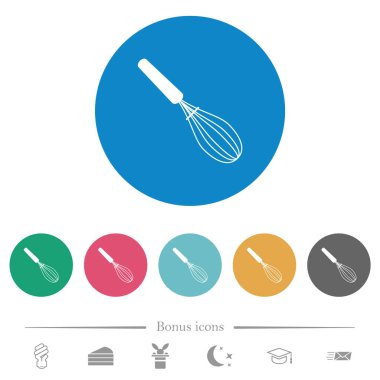 Yuvarlak renkli arka planda balon çırpma düz beyaz simgeler. 6 bonus simgesi dahil.