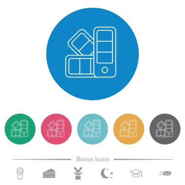 Renk örnekleri yuvarlak renkli arka planlarda düz beyaz simgeler çiziyor. 6 bonus simgesi dahil.