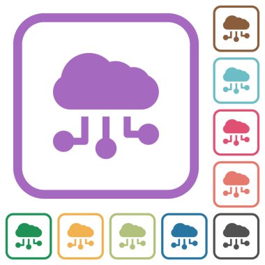 Bulut bağlantıları beyaz arkaplandaki yuvarlak kare çerçevelerde katı basit simgeler