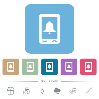 Renkli yuvarlak kare arkaplan üzerinde mobil alarm beyaz düz simgeler. 6 bonus simgesi dahil