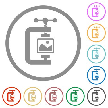 Beyaz arkaplanda yuvarlak hatlarda resim sıkıştırma katı düz renk simgeleri