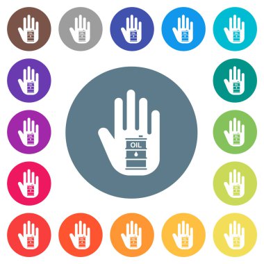 El şeklinde ham petrol yaptırım tabelaları yuvarlak renkli arka planlarda düz beyaz simgeler oluşturuyor. 17 arkaplan renk varyasyonu dahil.