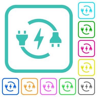 Beyaz arkaplanda kıvrımlı sınırlarda fiş ve kordon renkli düz simgelere sahip elektrik devresi