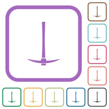 Beyaz arkaplanda renkli yuvarlak kare çerçeveler halinde tek kazma simgeleri