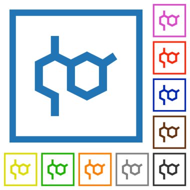 Kimya molekülü beyaz zemin üzerinde kare çerçeveler içinde düz renk simgeleri