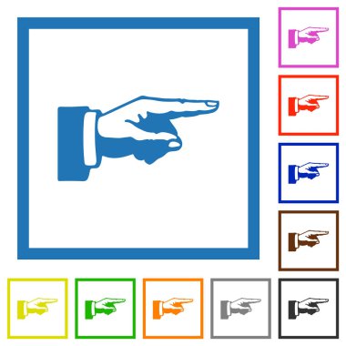 Sağ işaret eden el beyaz arkaplanda kare çerçevelerde düz renk simgeleri çizer