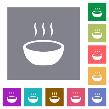 Steaming bowl flat icons on simple color square backgrounds