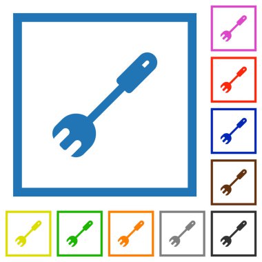Beyaz arkaplanda kare çerçevelerde salata çatalı spatula düz renk simgeleri