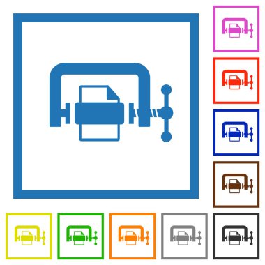 Beyaz arkaplan üzerindeki kare çerçevelerde dosya sıkıştırma katı düz renk simgeleri