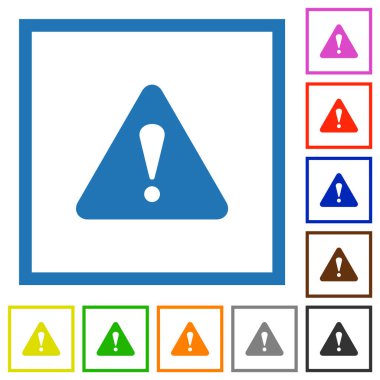 Beyaz arkaplanda kare çerçevelerde üçgen şekilli uyarı işareti düz renk simgeleri