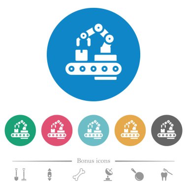Yuvarlak renkli arka planlarda fabrika robotu düz beyaz simgeler. 6 bonus simgesi dahil.