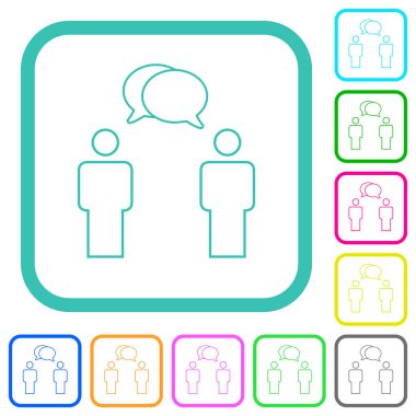 Oval baloncuklu iki kişi beyaz arkaplanda kıvrımlı sınırlarda canlı renkli düz simgeler çiziyor