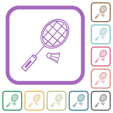 Badminton racket and shuttlecock outline simple icons in color rounded square frames on white background clipart