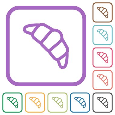 Kruvasan ana hatları beyaz arkaplan üzerinde renkli yuvarlak kare çerçeveler basit simgeler