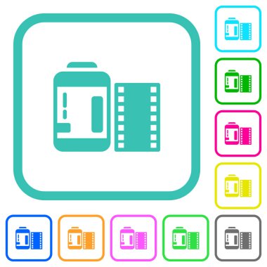 Negatif kamera film kutusu beyaz zemin üzerinde eğri kenarlı düz simgeler canlı renkli