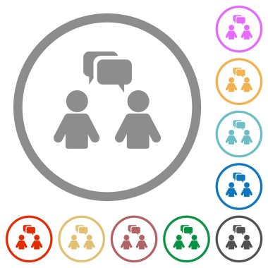 Oval baloncuklu iki konuşan kişi beyaz zemin üzerinde yuvarlak çizgiler halinde katı düz renk simgeleri