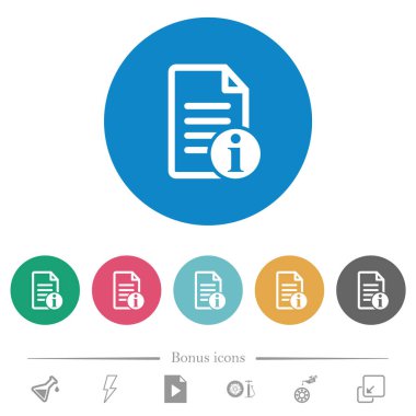 Yuvarlak renk arkaplanındaki belge bilgileri düz beyaz simgeler. 6 bonus simgesi dahil.