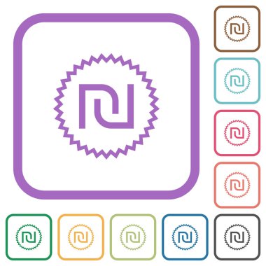 İsrail Yeni Shekel etiketi beyaz arkaplanda renkli yuvarlak kare çerçeveler halinde basit simgeleri değiştirin