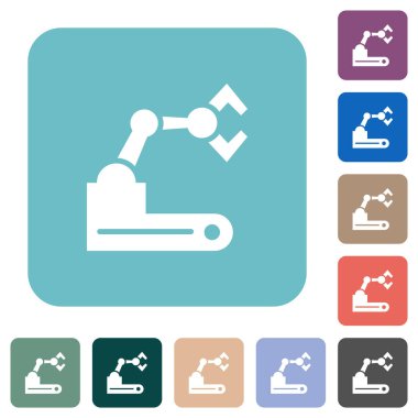 Renkli yuvarlak kare arkaplan üzerine robotik kol beyaz düz simgeler