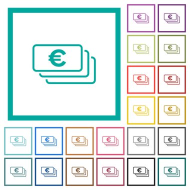 Avrupa banknotları beyaz arkaplanda çeyrek çerçeve içeren düz renk simgelerini özetliyor