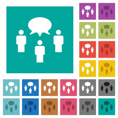 Oval baloncuklu konuşan üç kişi düz kare arka planda çok renkli düz ikonlar. Uçan veya etkin efektler için beyaz ve koyu simge varyasyonları.