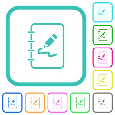 Beyaz arkaplan üzerinde kıvrımlı sınırlarda ana hatları canlı renkli düz simgeler çizen sarmal not defteri