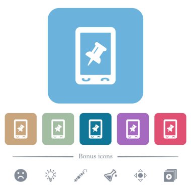 Mobil pin veri beyaz düz simgeler renkli yuvarlak kare arkaplanlar. 6 bonus simgesi dahil